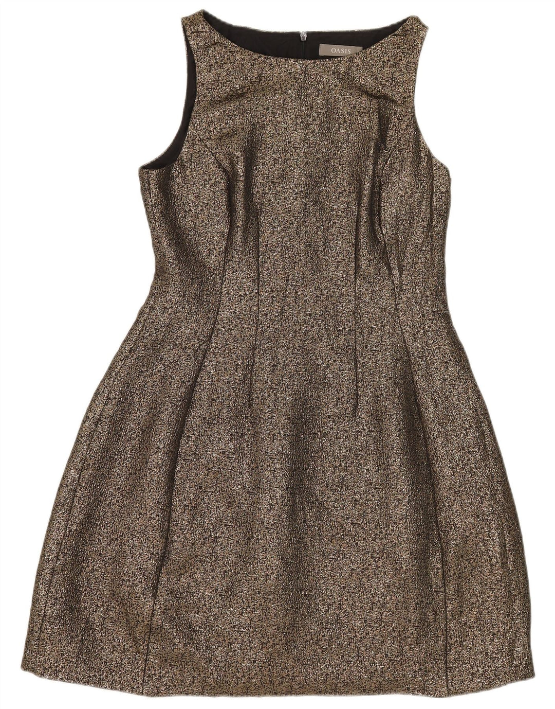 Vestido feminino Oasis sem mangas evasê UK 12 poliéster dourado médio
