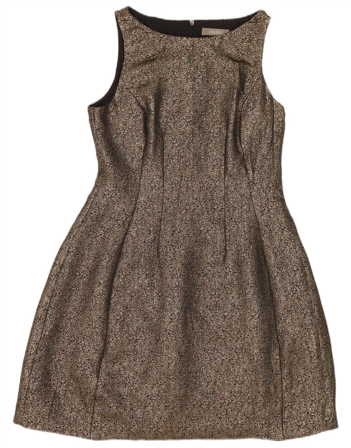 Vestido feminino Oasis sem mangas evasê UK 12 poliéster dourado médio