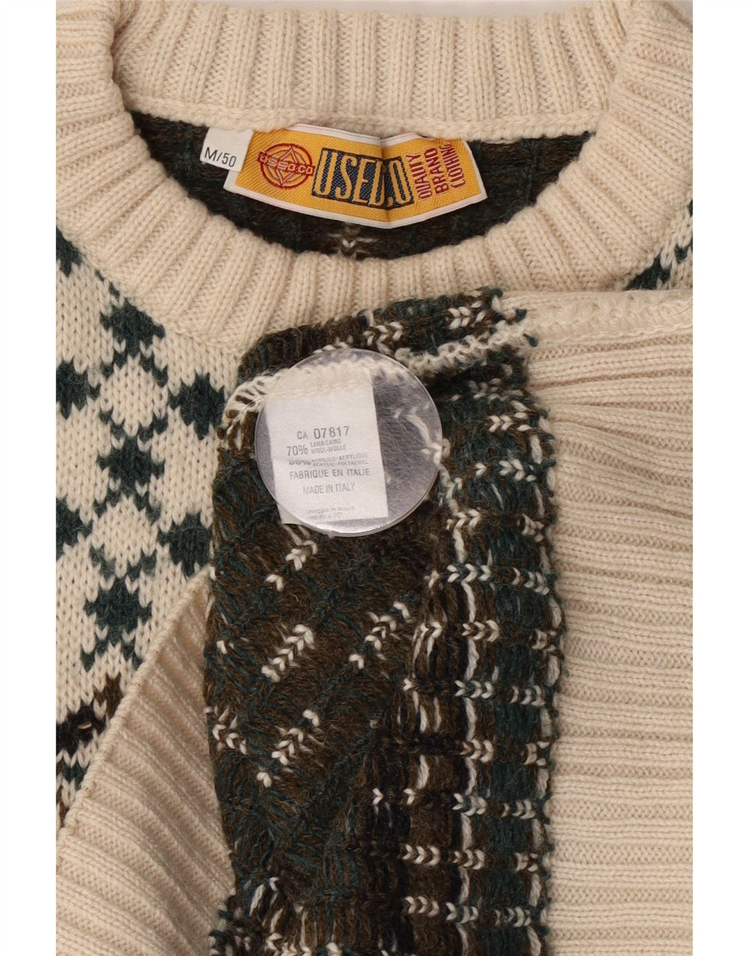 Suéter vintage masculino com gola redonda IT 50 médio branco lã Fair Isle