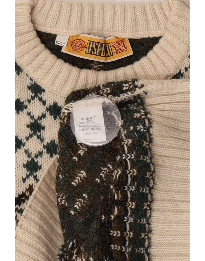 Suéter vintage masculino com gola redonda IT 50 médio branco lã Fair Isle