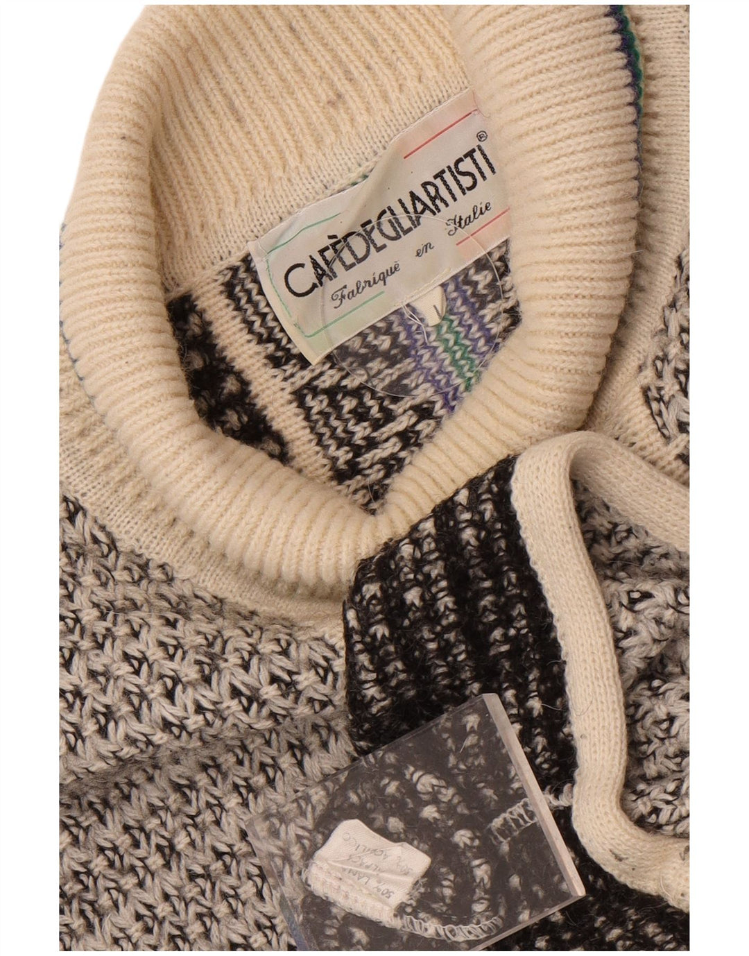 Suéter vintage masculino com gola redonda e lã geométrica grande cinza