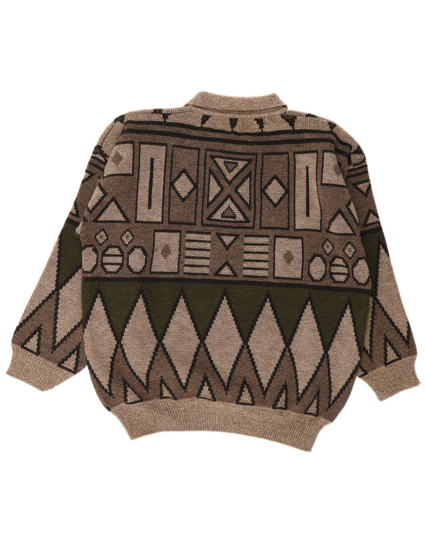 Suéter masculino vintage com gola polo, marrom médio geométrico