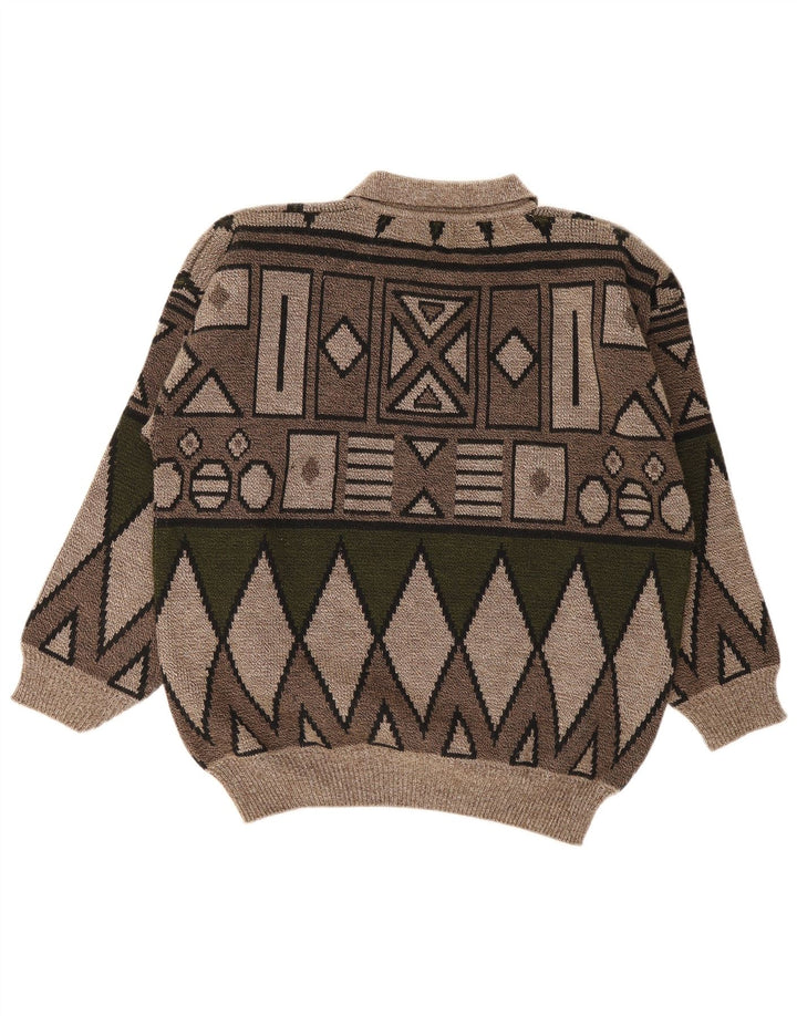 Suéter masculino vintage com gola polo, marrom médio geométrico