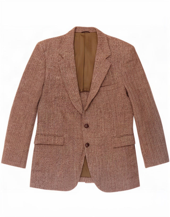 Jaqueta blazer masculina de 2 botões Harris Tweed Reino Unido 44 grande lã espinha de peixe marrom