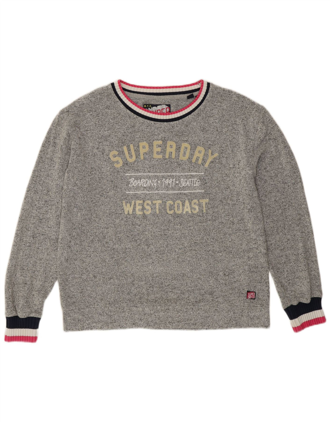 SUPERDRY moletom gráfico feminino jumper UK 12 viscose cinza médio