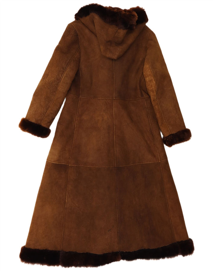 Casaco feminino vintage com capuz e shearling UK 8 pequeno marrom