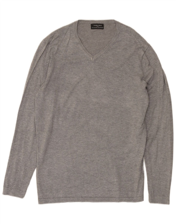 Suéter masculino Zara com decote em V cinza médio manchado