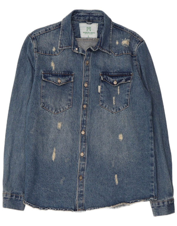 Camisa jeans masculina VINTAGE desgastada grande algodão azul