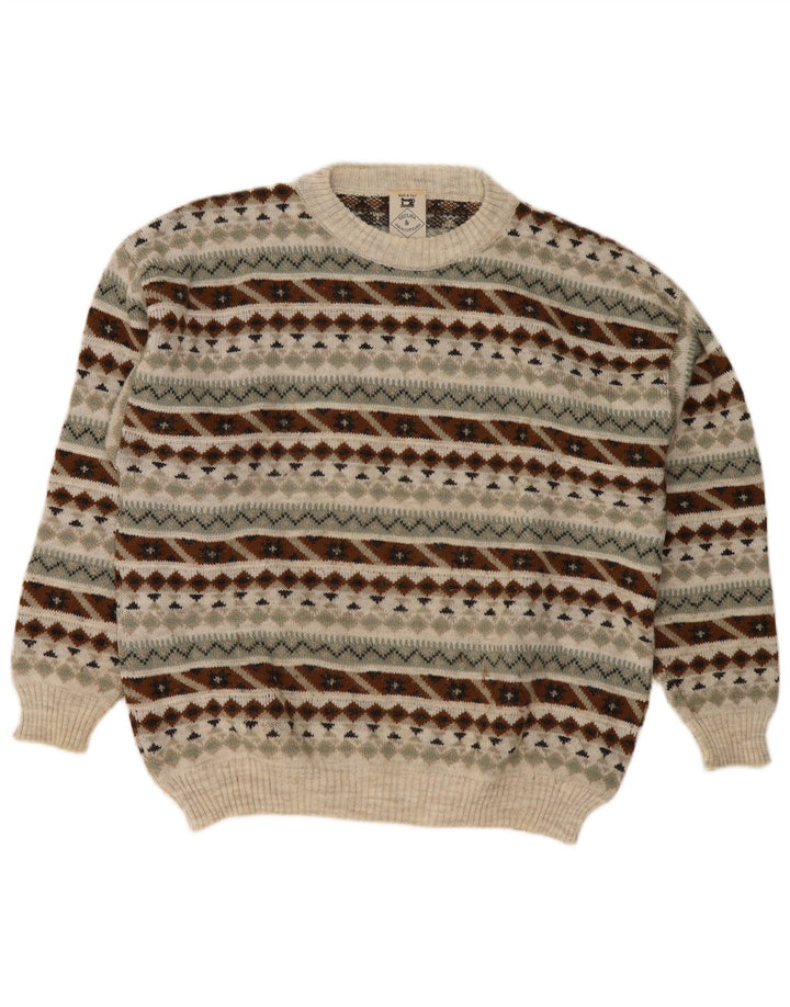 Suéter vintage masculino com gola redonda, meio geométrico multicolorido