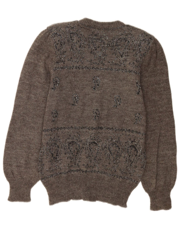 Suéter feminino vintage com gola redonda UK 14 Paisley cinza médio