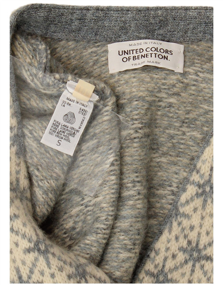 Suéter cardigã feminino oversized BENETTON Reino Unido 10 pequeno cinza Fair Isle