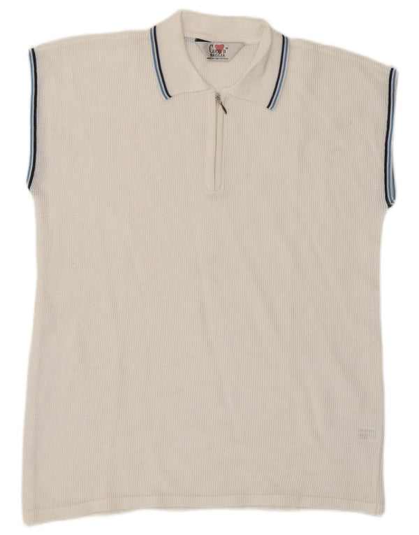 Camisa polo feminina vintage sem mangas transparente Reino Unido 14 algodão branco médio