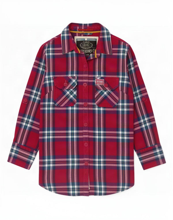 Camisa feminina Superdry de flanela manga 3/4 Reino Unido 10 algodão xadrez rosa pequeno
