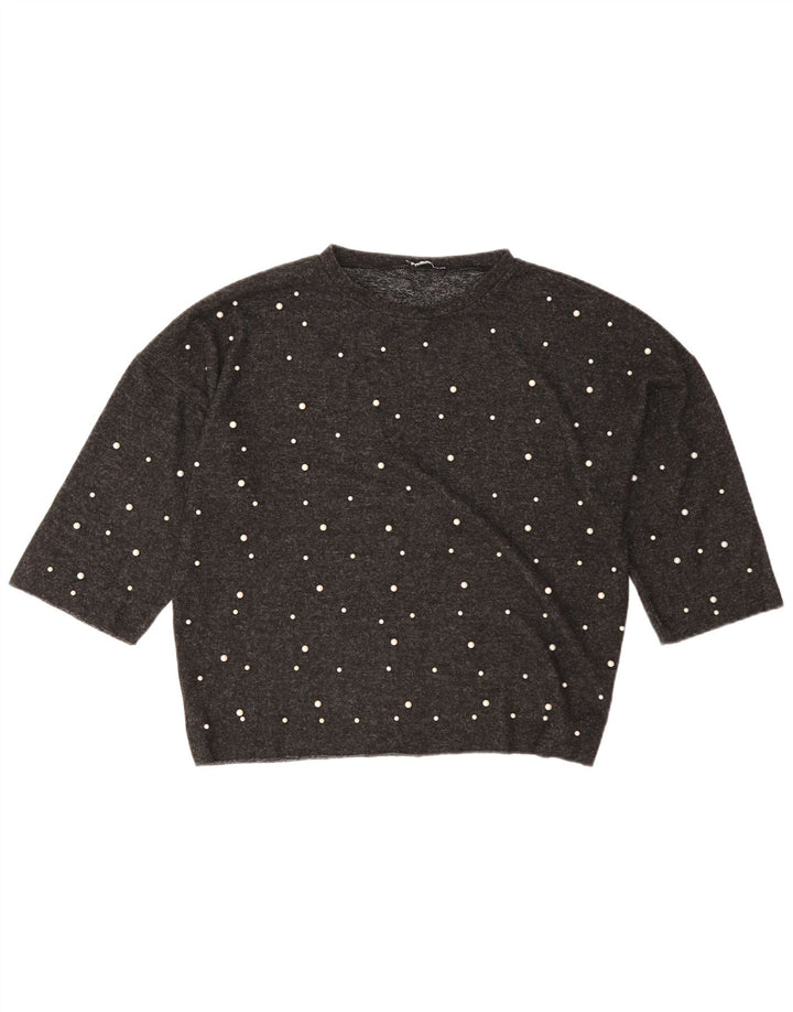 Top feminino Zara manga 3/4 Reino Unido 16 poliéster cinza grande