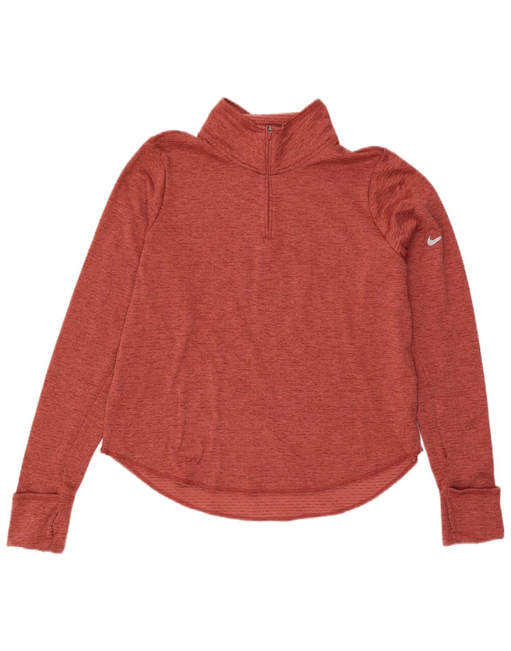 Nike Womens Dri Fit Zip Neck Pullover Treino Top UK 16 Grande Vermelho Salpicado