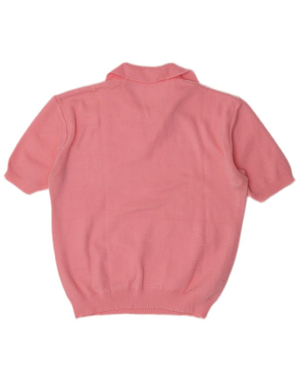 Suéter feminino vintage com gola polo UK 12 médio rosa floral retrô