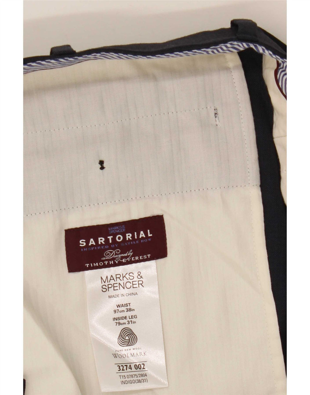 Calça masculina de terno reto Marks & Spencer W38 L31 lã azul marinho