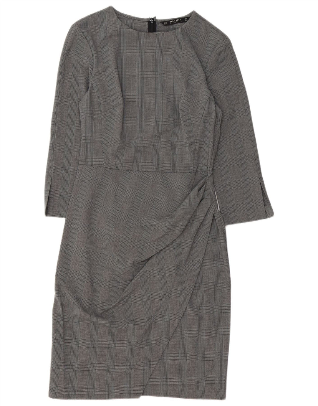 Vestido bainha feminino Zara manga 3/4 Reino Unido 10 pequeno cinza houndstooth poliéster