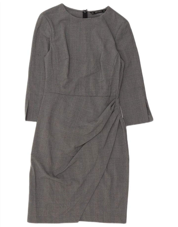 Vestido bainha feminino Zara manga 3/4 Reino Unido 10 pequeno cinza houndstooth poliéster