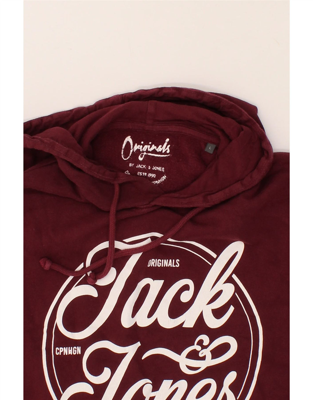 JACK & JONES Mens Graphic Hoodie Jumper Large Burgundy Cotton Vintage Jack & Jones and Second-Hand Jack & Jones from Messina Hembry 