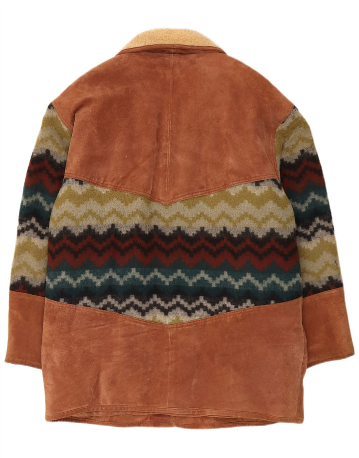 Casaco corta-vento masculino vintage de camurça UE 50 grande couro geométrico marrom