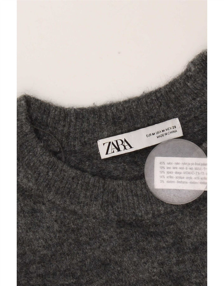 Zara Suéter feminino com gola redonda, Reino Unido 14, médio, cinza, nylon