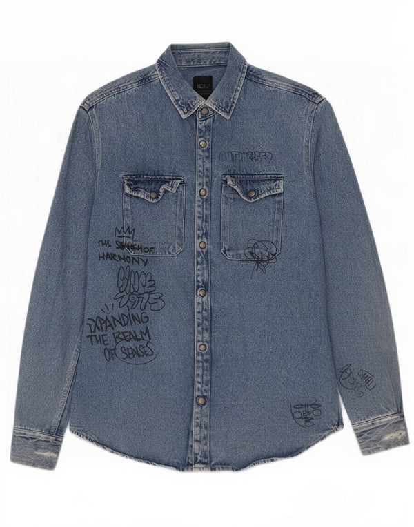 Camisa jeans masculina Zara Graphic Relaxed Fit grande algodão azul