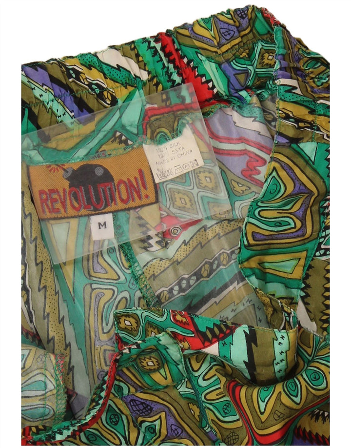 Shorts casuais femininos vintage de perna larga médio W28 verde patchwork seda