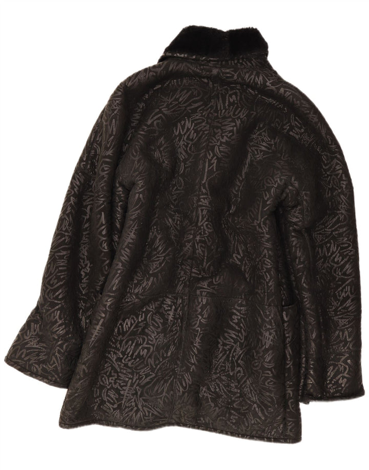 Casaco feminino vintage com padrão abstrato shearling UK 14 médio preto