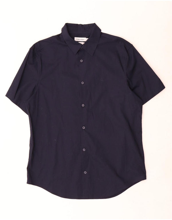 Camisa masculina de manga curta Slim Fit Calvin Klein de algodão azul marinho médio