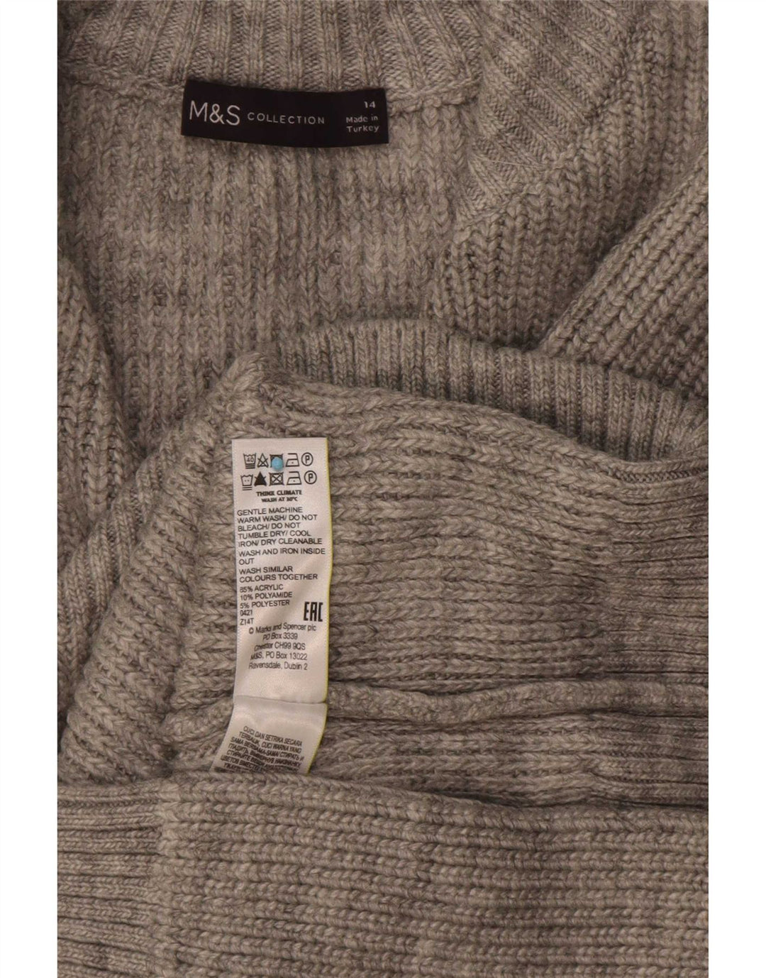 Suéter feminino Marks & Spencer com zíper e gola redonda Reino Unido 14 grande cinza acrílico