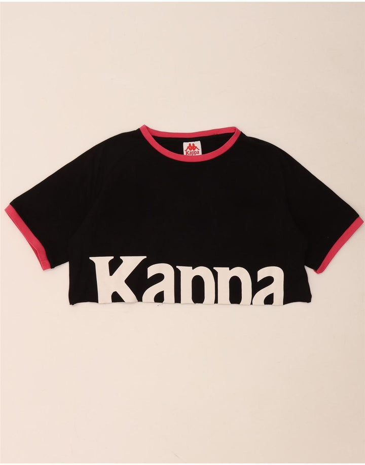 KAPPA Camiseta Feminina Crop Oversized Gráfico Reino Unido 10 Pequeno Algodão Preto