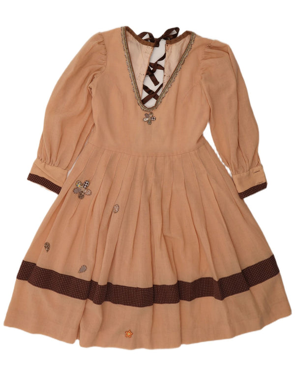 Vestido feminino vintage com corte A evasê UK 12 bloco colorido bege médio