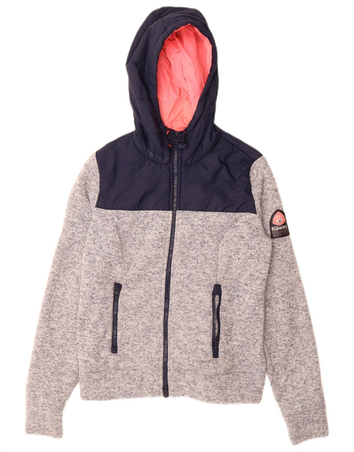 Suéter feminino Superdry com capuz e zíper UK 14 poliéster colorblock cinza médio