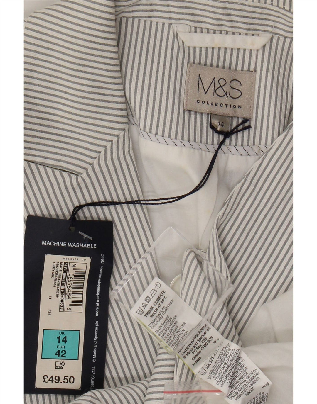 Jaqueta blazer feminina Marks & Spencer com 1 botão UK 14 listra cinza grande