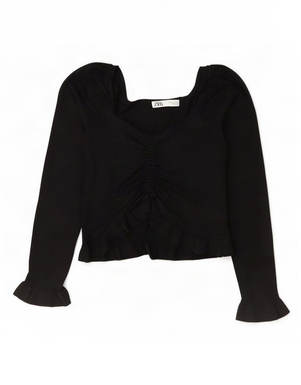 Zara blusa feminina cropped manga comprida top Reino Unido 10 pequena viscose preta