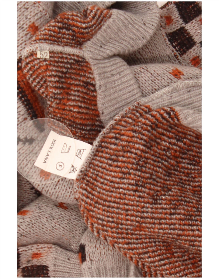 Suéter vintage masculino com gola redonda IT 52 grande lã geométrica cinza