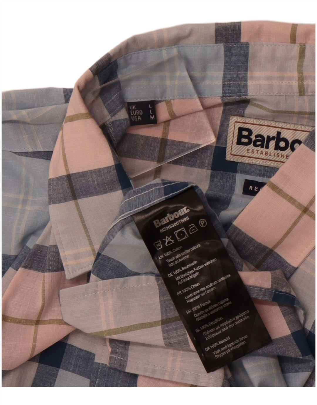 Camisa masculina de manga curta de ajuste regular BARBOUR algodão xadrez azul médio