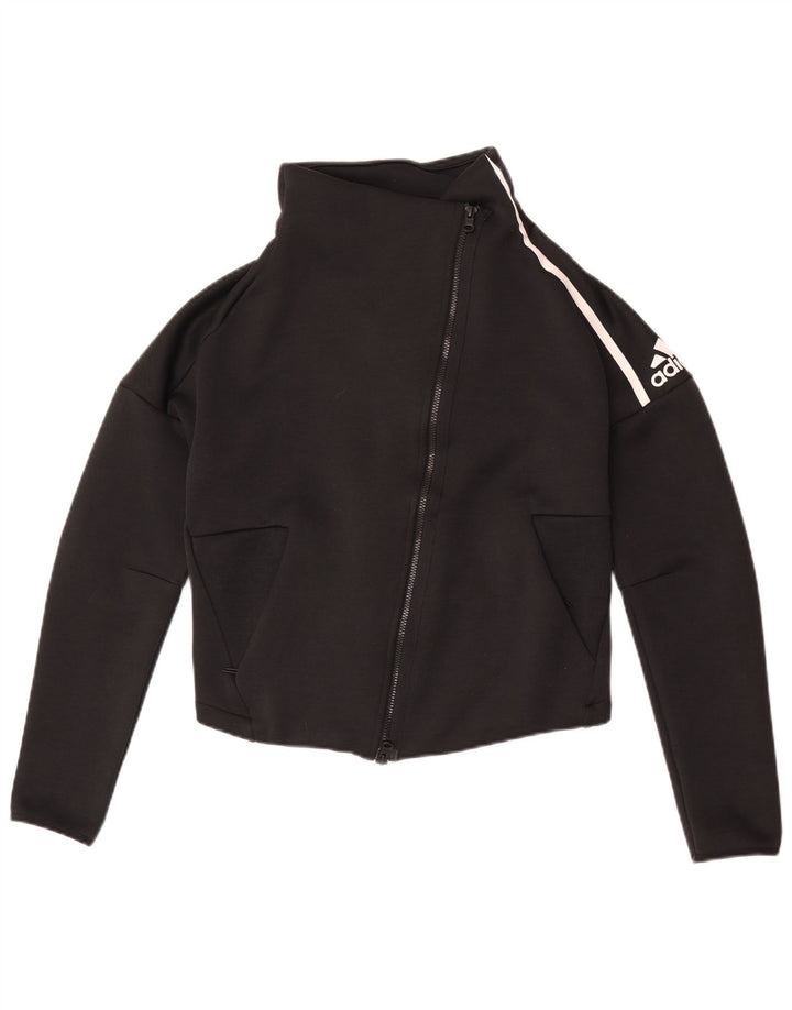 Adidas Womens Crop Tracksuit Top Jacket Reino Unido 8/10 Pequeno Poliéster Preto