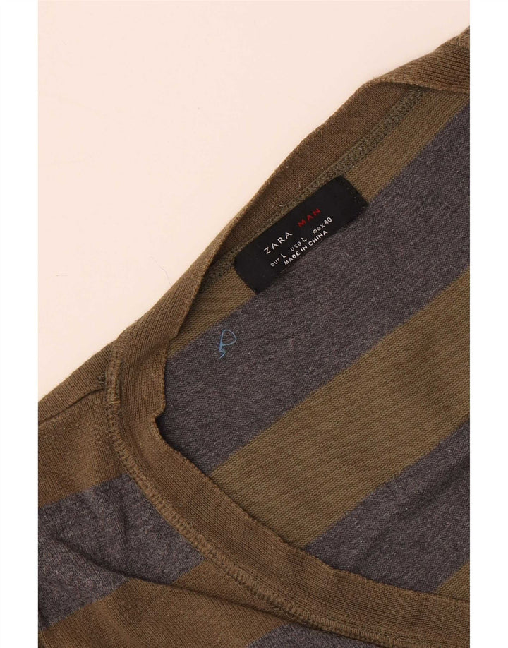 Suéter cardigã masculino Zara grande listrado cáqui