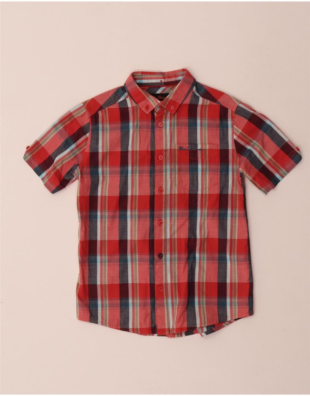 Camisa masculina de manga curta BEN SHERMAN 8-9 anos algodão xadrez vermelho