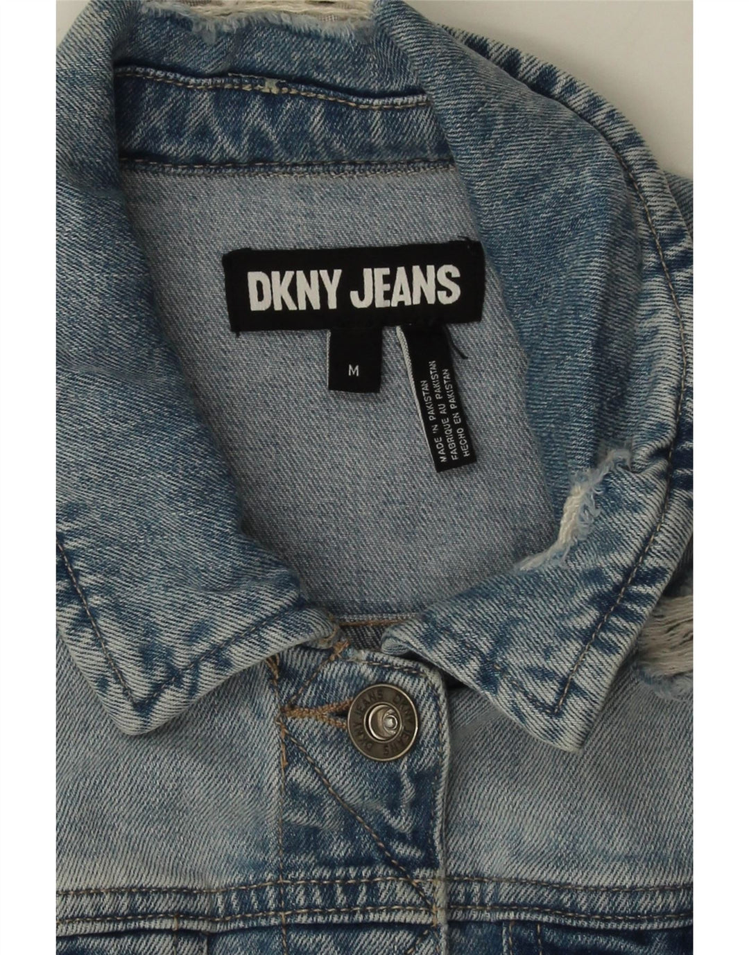 Jaqueta jeans feminina Dkny crop angustiada Reino Unido 14 algodão azul médio