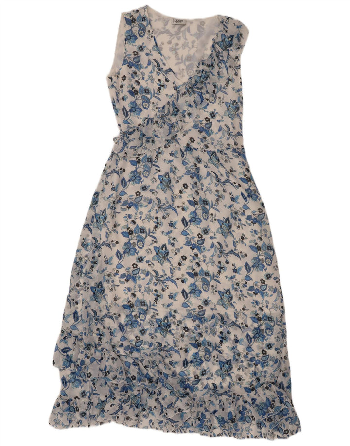 LIU JO Vestido maxi feminino com babados sem mangas IT 40 pequeno floral branco