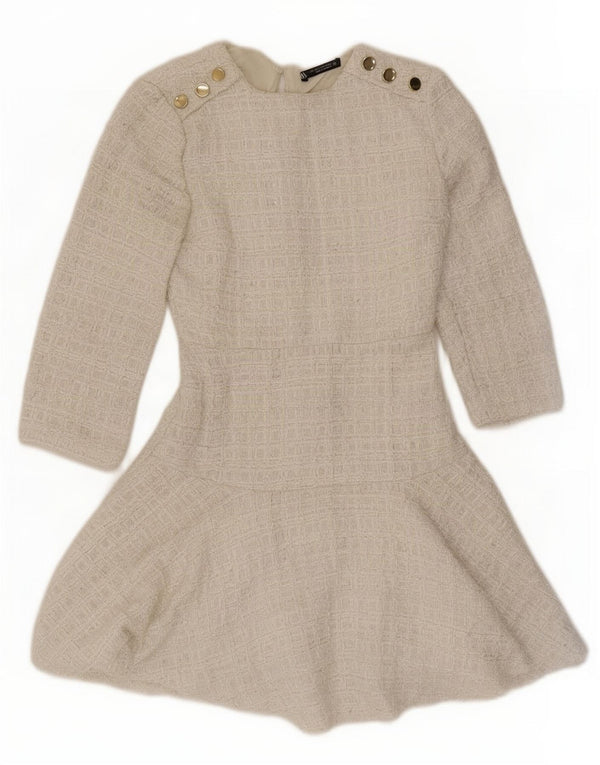Vestido feminino Zara manga 3/4 linha A UK 6 XS poliéster branco