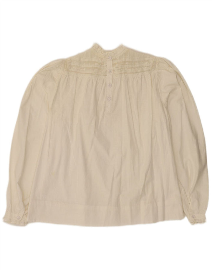 Blusa feminina vintage de manga comprida UK 14 médio branco floral