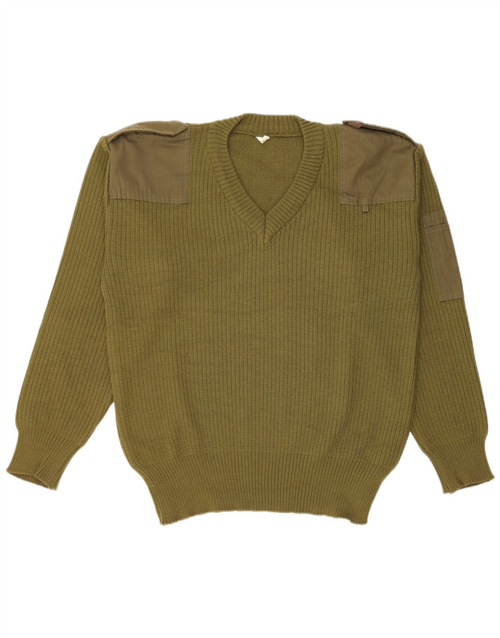 Suéter vintage masculino militar com decote em V médio cáqui