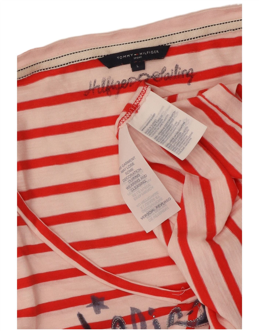 Camiseta feminina TOMMY HILFIGER com estampa gráfica UK 14 grande listrada vermelha