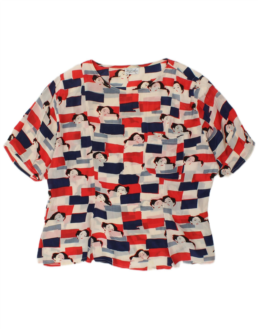 Blusa feminina VINTAGE gráfica UK 18 XL acetato multicolorido