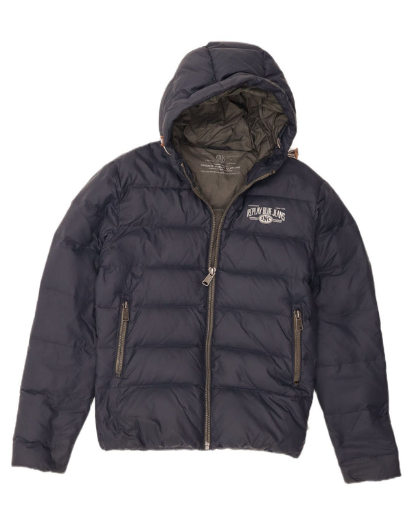 Replay Mens Hooded Padded Jacket UK 38 Medium Navy Blue