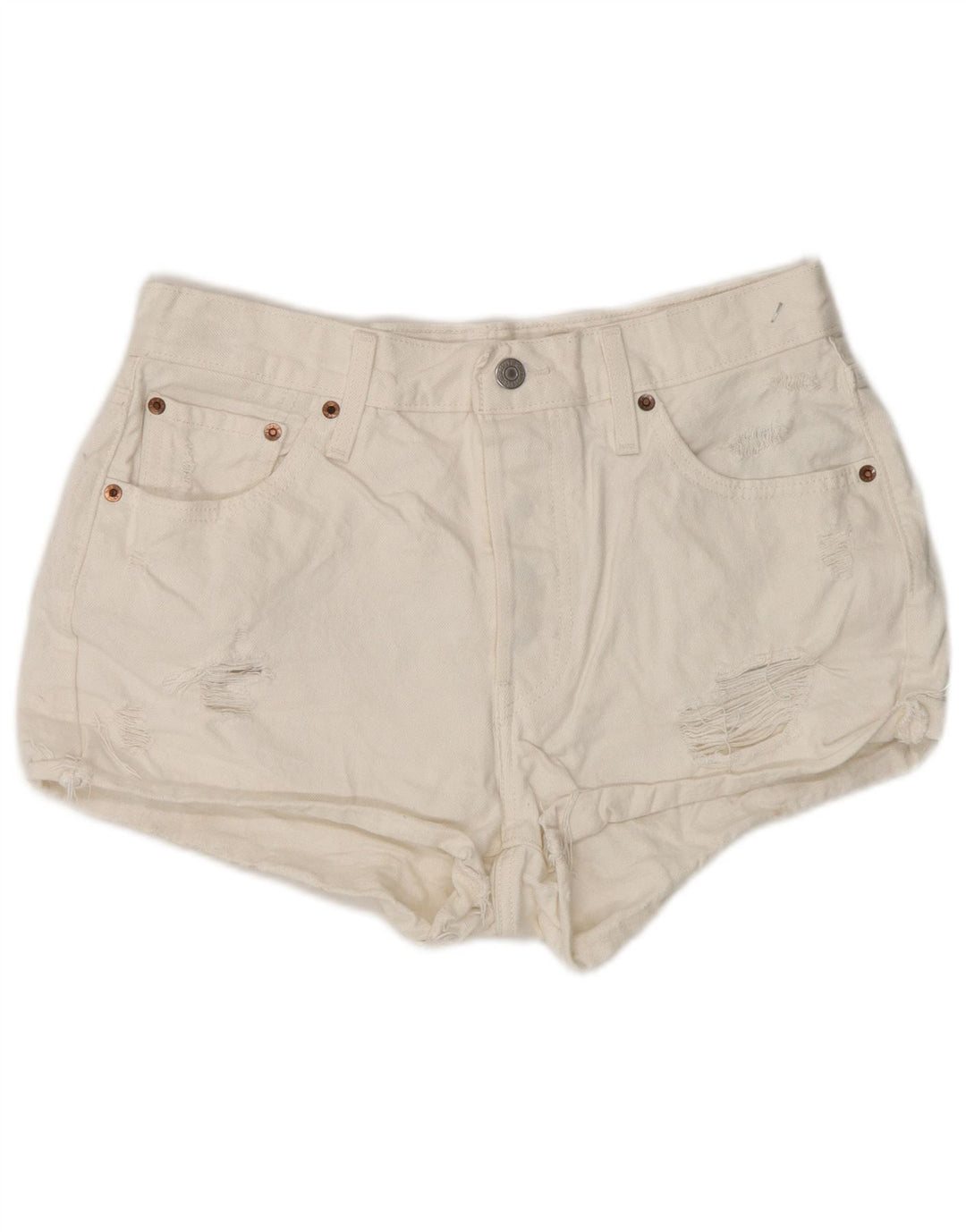 Shorts jeans feminino Levi's 501 de cintura alta desgastado W30 médio branco